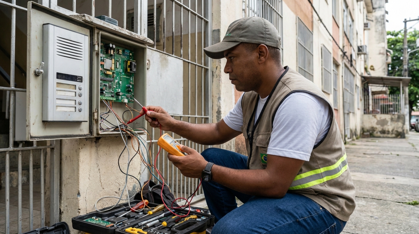 Eletricista consertando interfone em Ponta Grossa‑PR