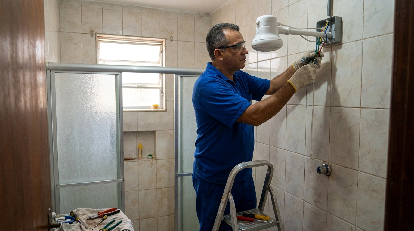 Eletricista instalando chuveiro eletrico em Ponta Grossa‑PR