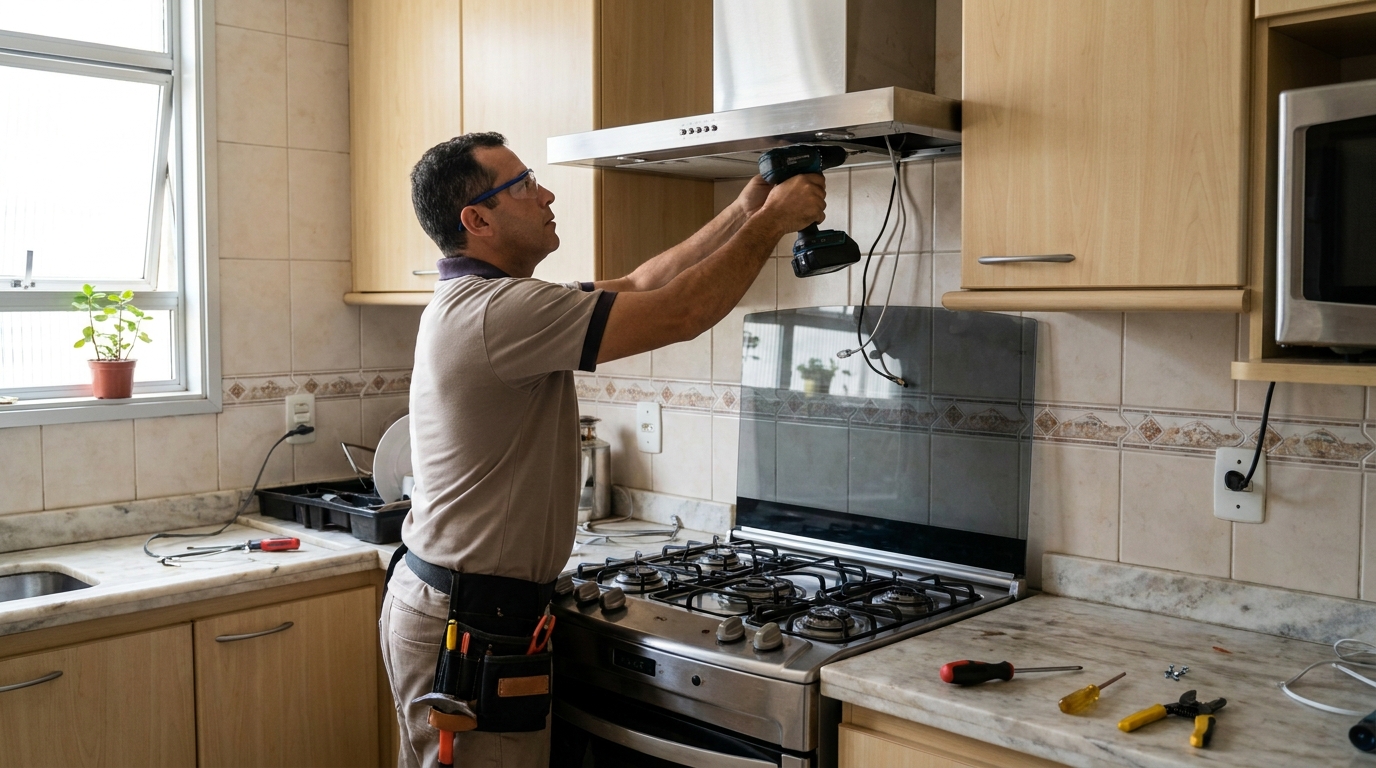Eletricista instalando coifa em Ponta Grossa‑PR