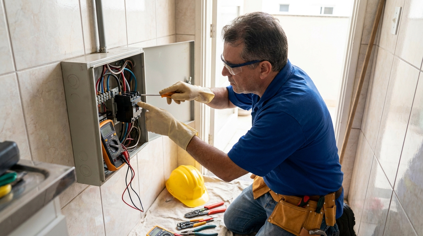 Eletricista instalando disjuntor em Ponta Grossa‑PR