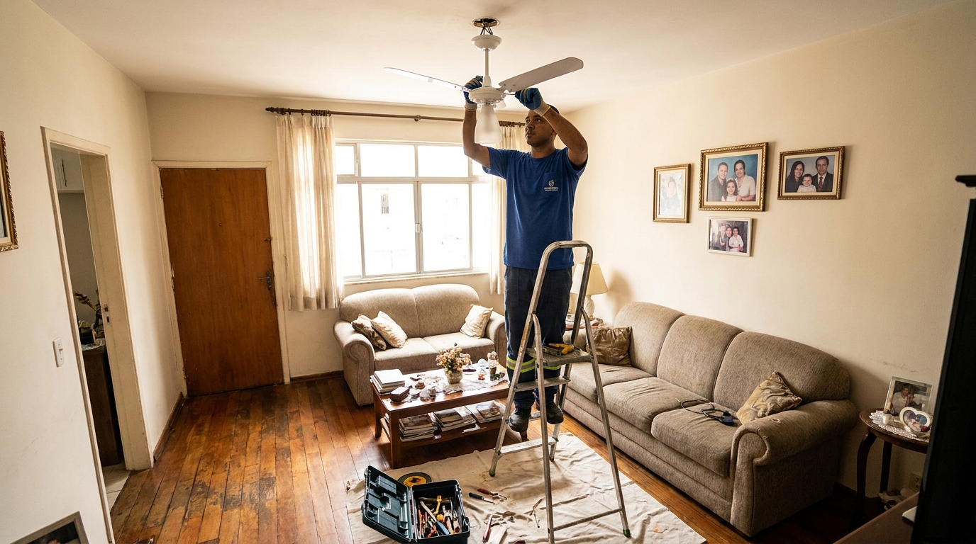 Eletricista instalando ventilador de teto em Ponta Grossa‑PR